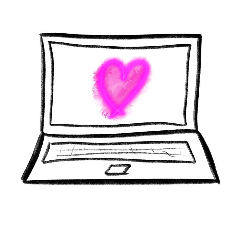 A computer, where the screen shows the with-humans heart figure